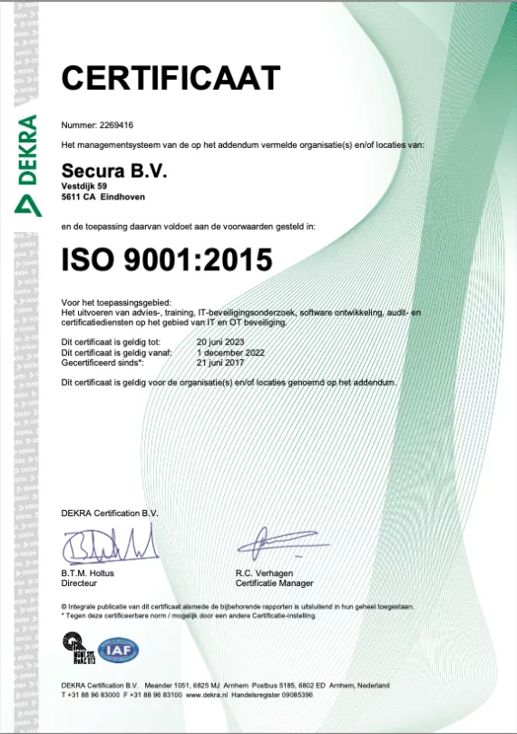 ISO 9001 Secura Certificate ISO 9001 2269416 NL 2022