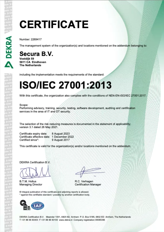ISO 27001 Secura Certificate ISO 27001 2269417 ENG 2022